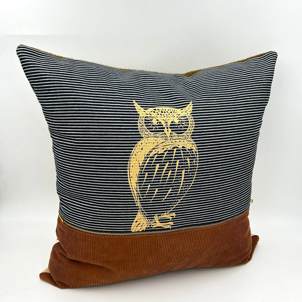 Swale Pillow :: Owl on Hickory Denim Strip