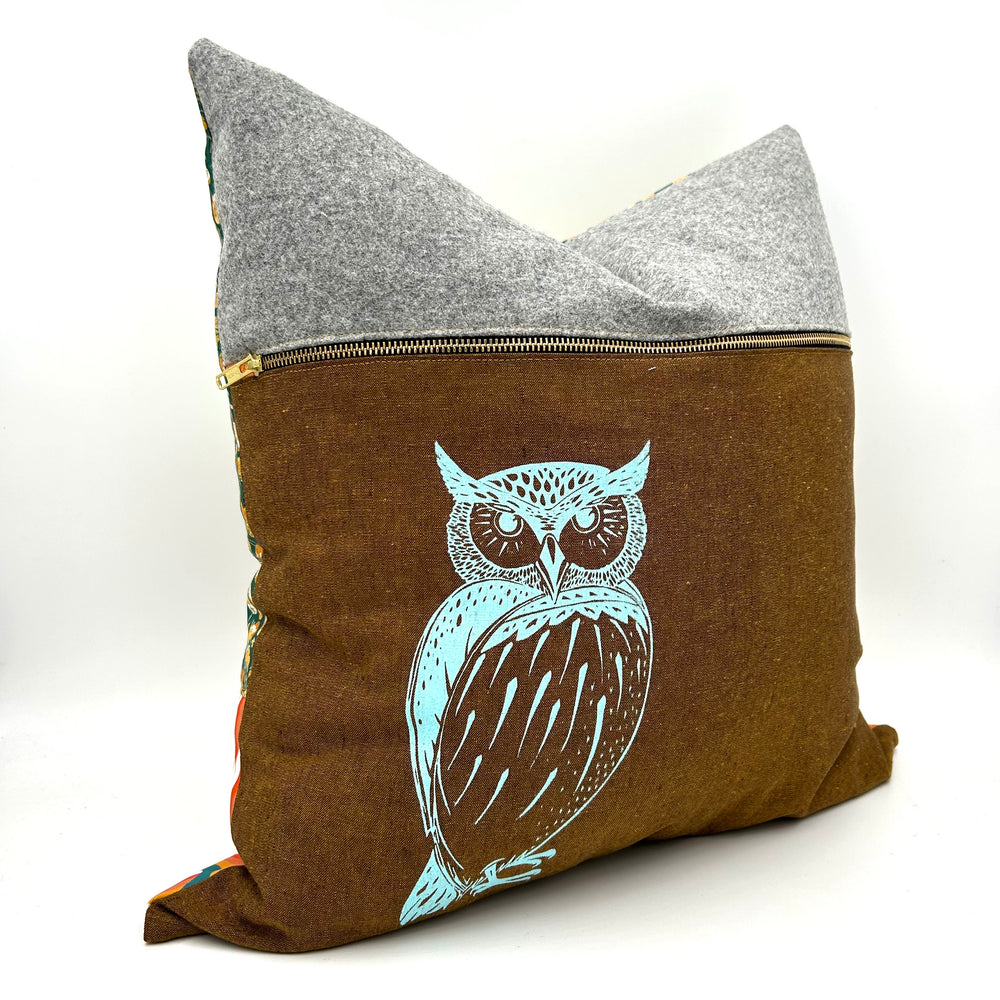 Swale Pillow :: Turquoise Owl on Chestnut Woven