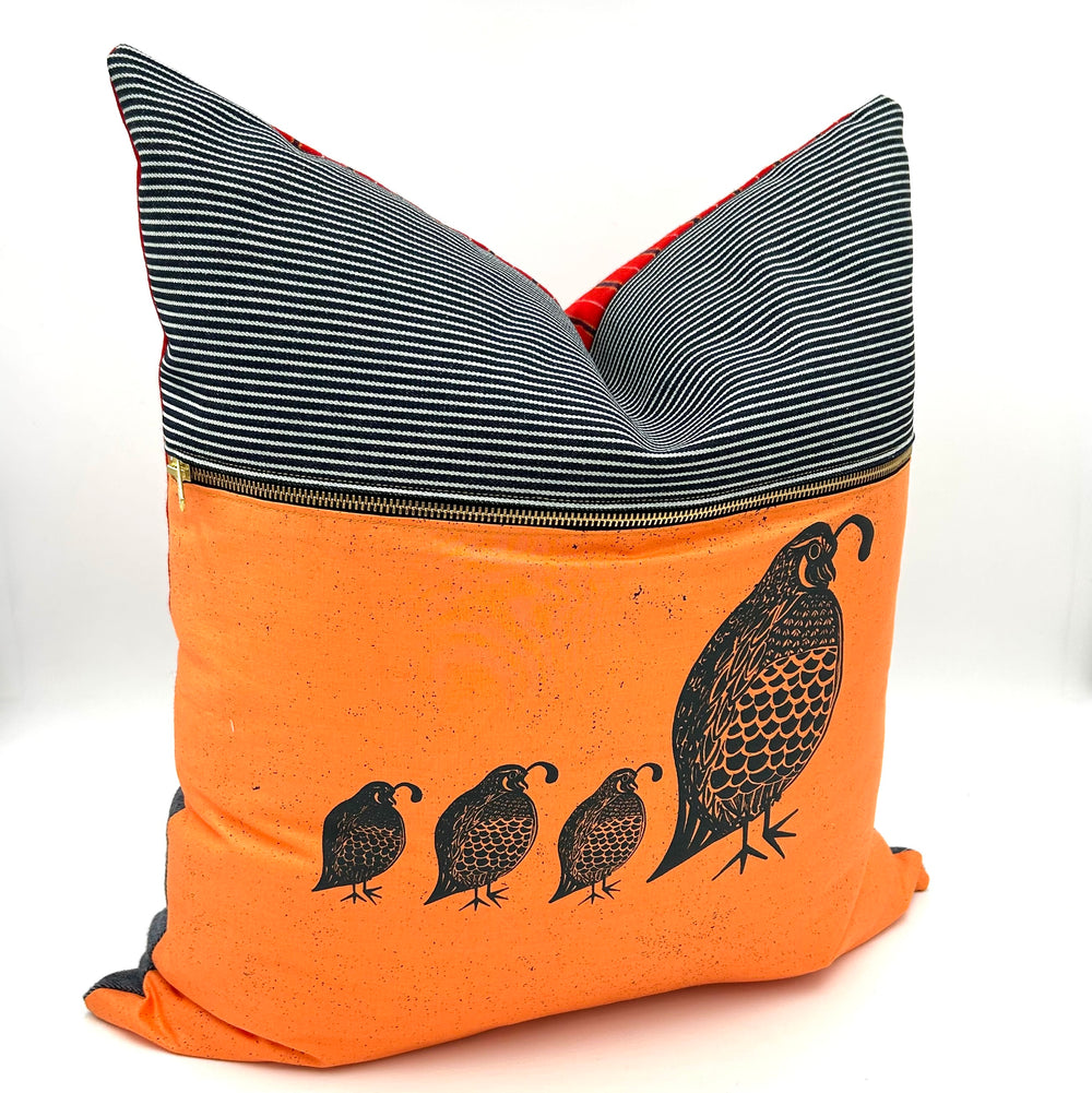 Swale Pillow :: Quail Covey on Speckled Coral Cotton